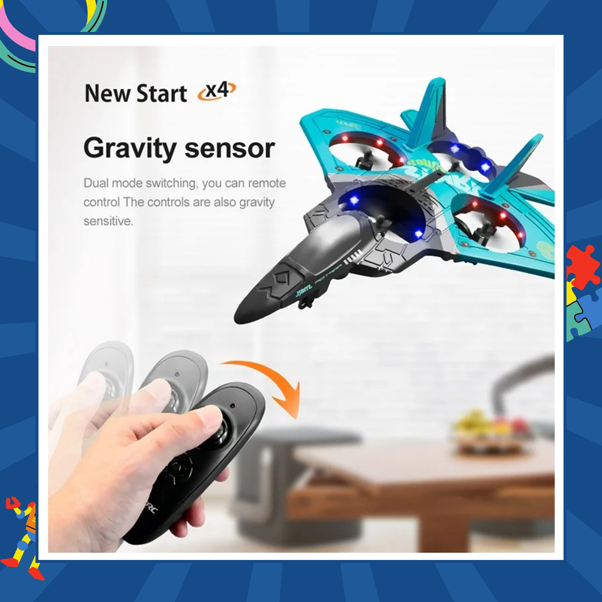 SkyRider Remote Fighter Jet - High-Flying Remote Control Aircraft - Smart - Toy - Plane - Blue - Gravity - Sensor - Toy - Drone